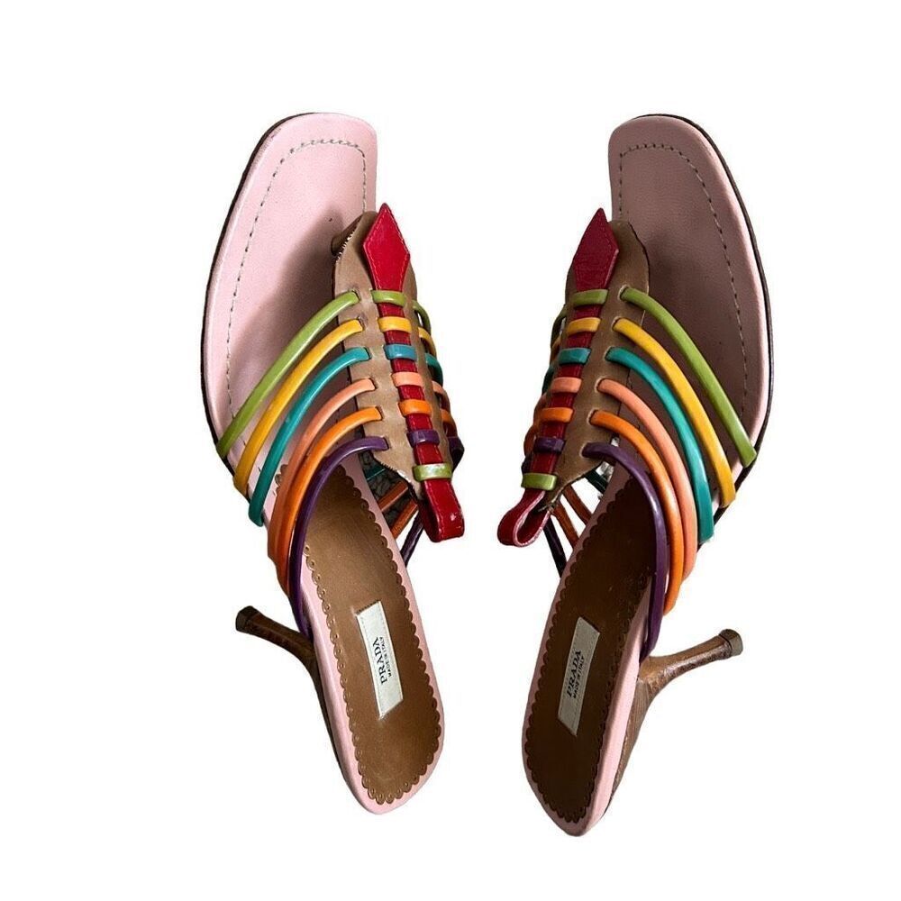 Prada Vera Cuoio Rainbow Strapped Kitten Heel Sandals - Picture 4 of 9